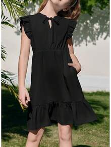 Girls Dresses Ruffle Trim Sleeveless V Neck Casual A-Line Flowy Dress With Pockets - 粉色 - 查看 9