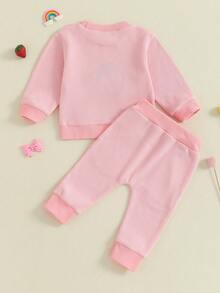 Baby Girl Waffle 2 Piece Outfits Strawberry Embroidery Long Sleeve Crew Neck Tops And Elastic Waist Pants Set - Hồng - Xem 7