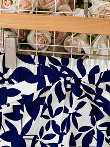 Pantalón largo de mujer con estampado geométrico floral azul y blanco con lazo en la cintura, adecuado para primavera y verano - Azul - Ver 3