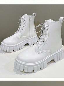 Botas de cordones de moda para mujer,Botas Cortas para Mujer: Estilo Británico y Botas Moteras de Moda | Cómodas de Llevar, Ideal para Actividades Al Aire Libre - Blanco - Ver 8