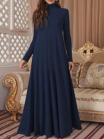 Women's Middle Eastern Muslim Dress, High Neck Long Sleeved Casual Loose Solid Color Elongated Dress