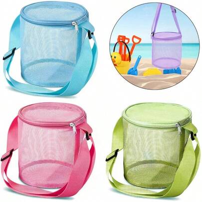 's Mesh Shell Storage Bag Beach Round Sand Digging Bucket Toy Organizer Collection Bag For Swimming Outdoor Sports