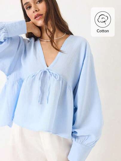 BIANCO LUCCI Women's Solid Color Front Tie Long Sleeve Loose Babydoll Top Fall Women Clothes Homecoming