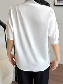 Women Solid Color Bow Tie Design Short Sleeve Casual Shirt - White - View 2