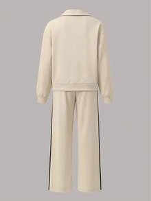 女士新款条纹拉链外套+高腰舒适阔腿裤休闲通勤套装，秋冬 - 杏色 - 查看 5