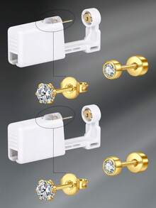 CIZME 4 件/套时尚不锈钢方晶锆石心形仿珍珠平背耳环，带穿耳枪，自穿耳套装 - 一次性穿耳枪，带预装耳钉，家用自穿耳枪套装，软骨耳环，男女皆宜，可作为日常装饰 - 銀色/金色 - 查看 19