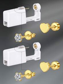 CIZME 4 件/套时尚不锈钢方晶锆石心形仿珍珠平背耳环，带穿耳枪，自穿耳套装 - 一次性穿耳枪，带预装耳钉，家用自穿耳枪套装，软骨耳环，男女皆宜，可作为日常装饰 - 銀色/金色 - 查看 9