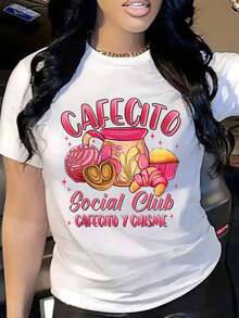 Estampado de pastel de café gourmet. Nueva. Camiseta informal de manga corta y cuello redondo para mujer, ideal para todas las estaciones. - Blanco - Ver 2