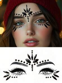 Colorful Face Gems Makeup Stickers, Waterproof Long-Lasting Faux Rhinestones For Masquerade, Holiday, Party, Y2K,Concert Look - Black - View 10