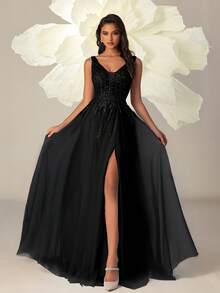 VIPGIRL Đầm dạ hội maxi đen cổ chữ V xẻ cao đính sequin xuyên thấu, đầm dự tiệc sang trọng thanh lịch dành cho nữ, đầm dự tiệc, đầm dài nữ, đầm maxi, đầm dạ hội, đầm dự đám cưới, đầm trang trọng mùa xuân - màu đen - Xem 5