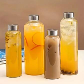 Borosilicate Glass Bottle With Stainless Steel And Bamboo Lids - Leak-Proof, Heat-Resistant, Reusable, Suitable For Travel, Beverages, Juices, Smoothies, Kombucha, Fridge & Freezer , Multipurpose, Drink Container, Stylish Glass Jar, Bamboo Lid Design