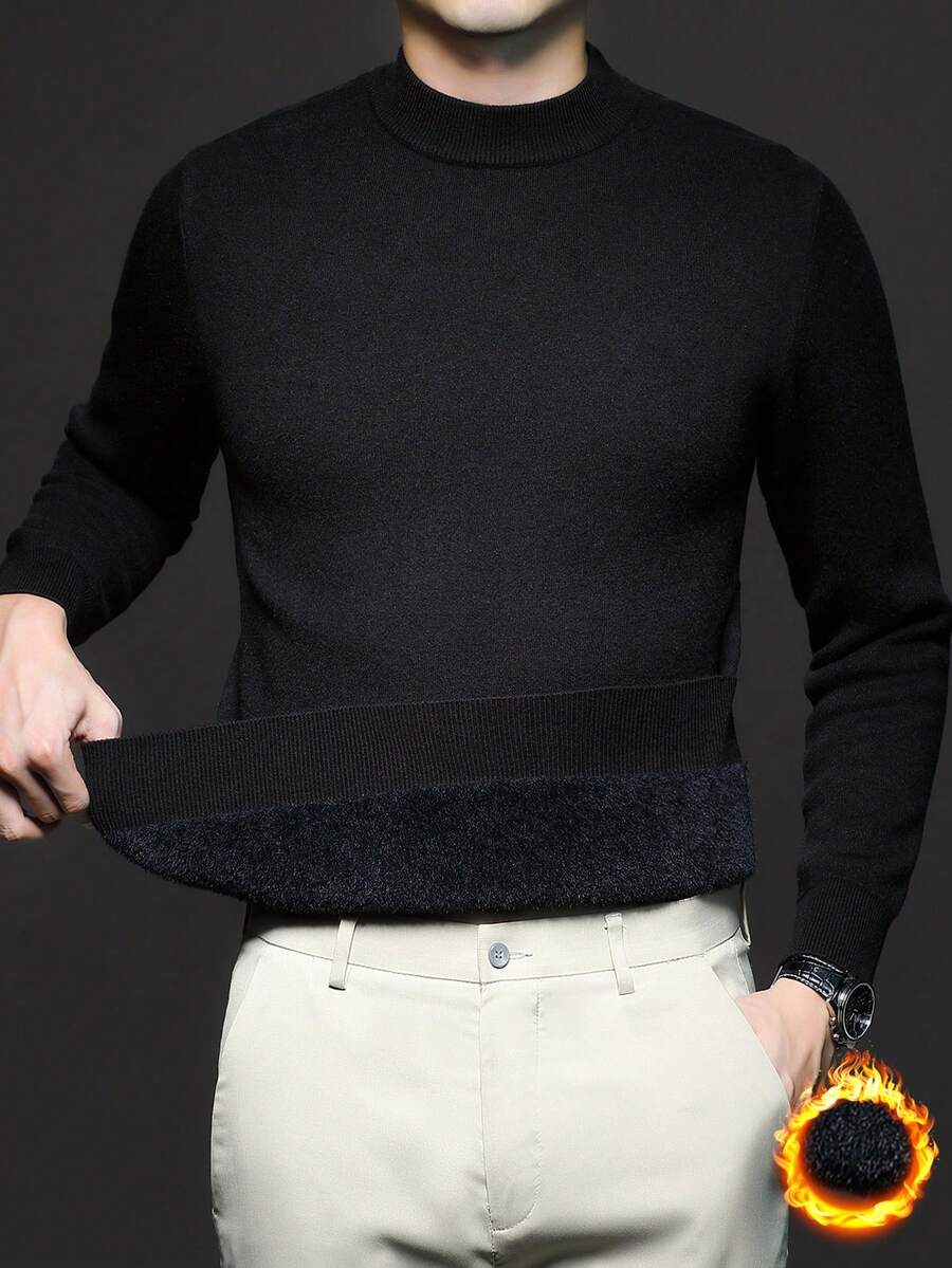 男士立领长袖纯色休闲套头毛衣，秋冬季保暖厚针织衫 - 黑色 - 查看 1