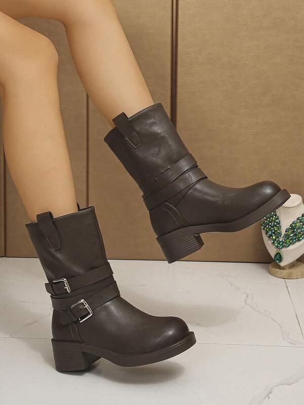 女士时尚粗跟靴，纯色西部风格带扣装饰中筒马靴