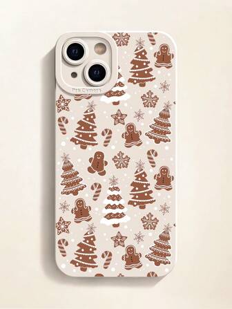 1pc Minimalist Christmas Tree & Gingerbread Man Pattern Beige Protective Phone Case Compatible With IPhone 16/15/14/13/12/11