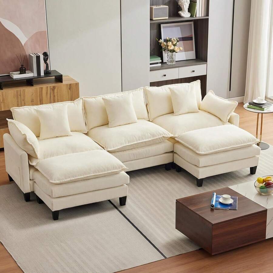 112" Modular Sectional Sofa, U-Shape Cloud Couch/Deep Seat/Armrest/Plush Corduroy Fabric, No Assembly Required, Space-Saving, 200 Pounds Boneless Compression Sleeper Sofa For Living Room - Màu be - Xem 1