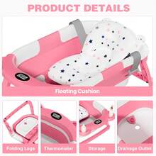 Ubravoo Bath Tub With Drain Hole, Double Foldable Toddler Bathtub With Soft Cushion Pad, Portable Travel Bathtub Built In Anti-Slip Support - Pink - View 5