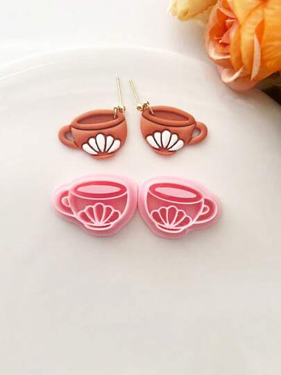 2 件/套，用于制作带有贝壳形印花的茶杯耳环的聚合物粘土切割器，软陶粘土模具，DIY 耳环项链首饰切割陶器工具 - 用于手工制作耳环 - 非常适合优雅的下午茶 - 主题礼物。