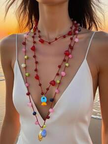 1pc Heart Beaded Multi-Layer Necklace With Fashionable Seashell & Fish Pendant, Suitable For Beach Vacation - Small Fish and Conch Multi-layer Necklace - View 1