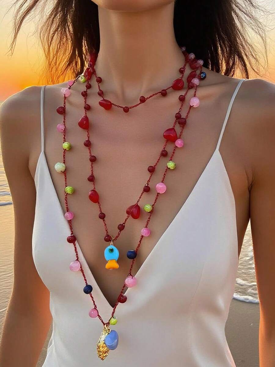 1pc Heart Beaded Multi-Layer Necklace With Fashionable Seashell & Fish Pendant, Suitable For Beach Vacation - Small Fish and Conch Multi-layer Necklace - View 1