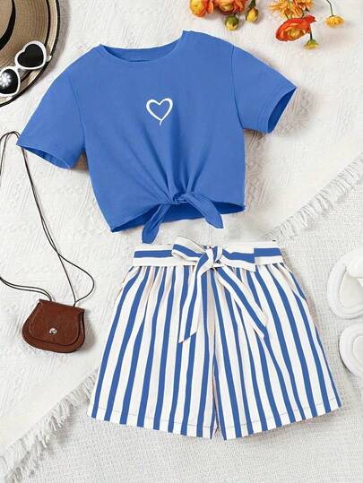 2pcs/Set Girl/Girls Casual Daily Graphic T-Shirt & Striped Printed Shorts Set, With Random Striped Belt