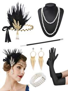 D EXCEED 4/6/7 件 1920 年代头饰配饰套装 - 仿羽毛头带、手套、珍珠项链、珍珠手链、长耳环、派对/万圣节服装配饰、渔网袜 - 黑色 - 查看 5