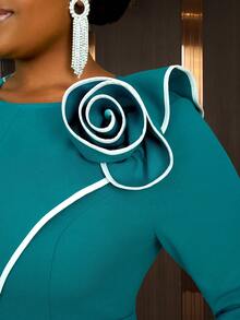 Plus Size Elegant Midi Dresses 3/4 Sleeves Ruffles 3D Flower Modest Color Block Spring Outfits For Women, Party Dress, Wedding Guest Cocktail Dress - Green - View 7