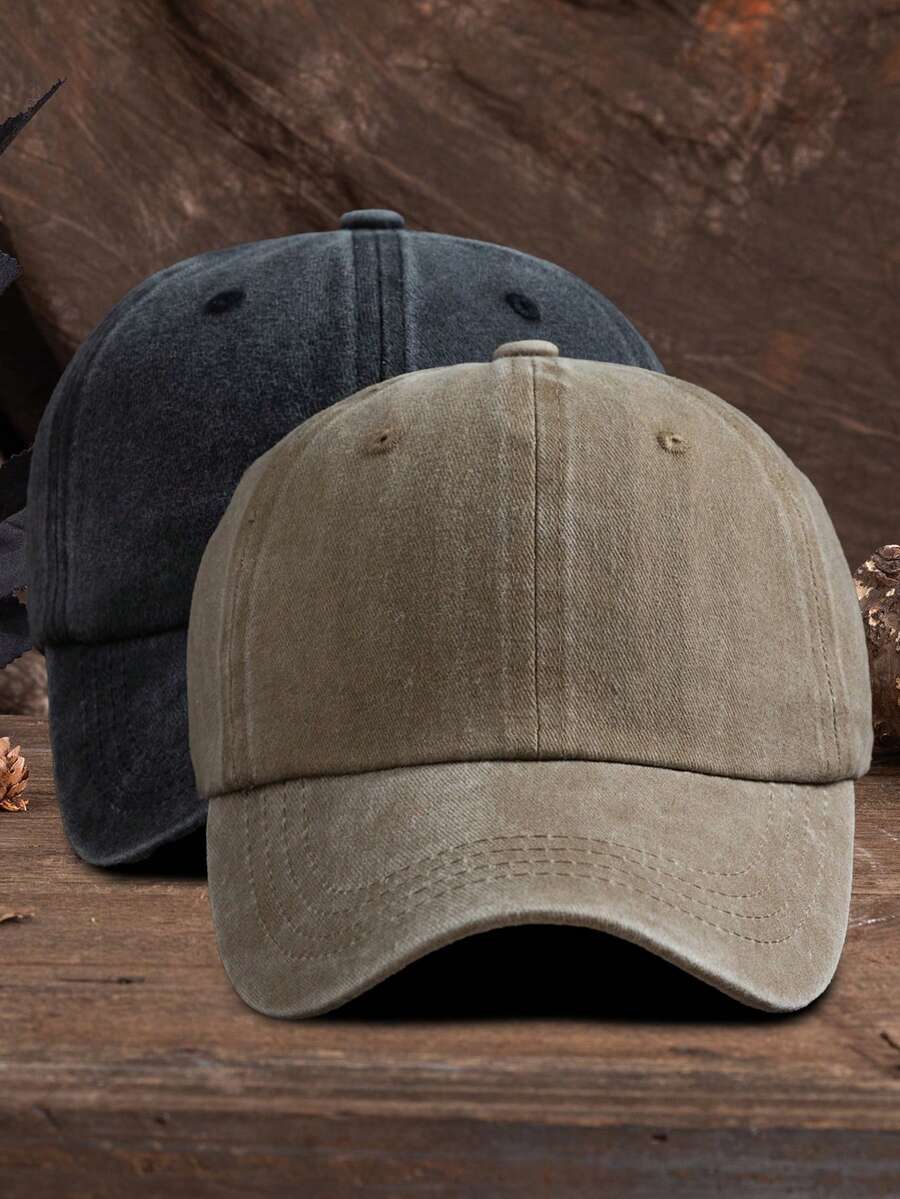1 件男女通用纯色可调节水洗棒球帽，休闲户外时尚 - 黑色+卡其 - 查看 1