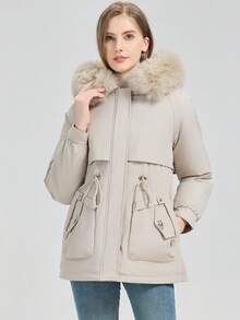 女式保暖梭织派克大衣，带人造毛皮兜帽和保暖衬里，长袖拉链口袋，常规长度冬季外套 - 米色 - 查看 5