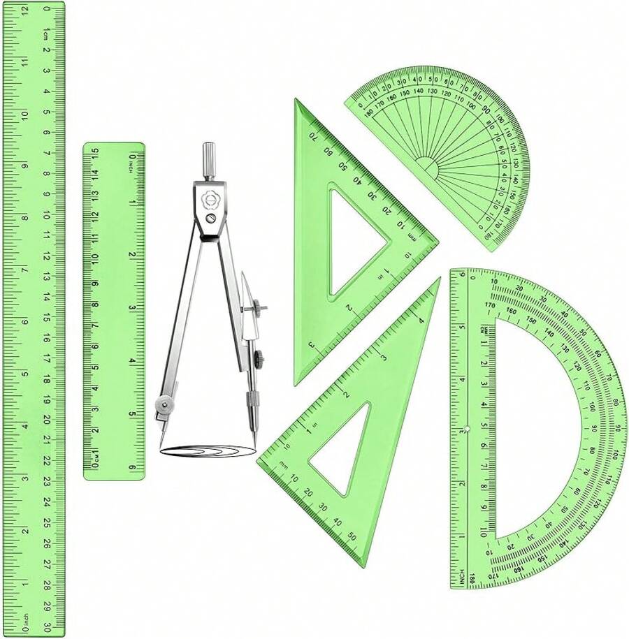 1 Set Plastic Geometry Math Set Includes Drawing, 6 Inch 4 Inch Protractor, 45/60 Degree Rulers 12 Inch 6 Inch Math Ruler Transparent Office Supplies (Pink) - Green - View 1