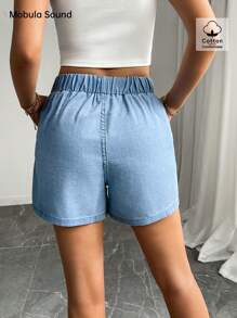 Mobula Sound# Sexy Music Festival Versatile Casual Vacation Elegant Fashion Style Women's Elastic Waist Loose Blue Denim Shorts, Spring/Summer - Blue - View 6