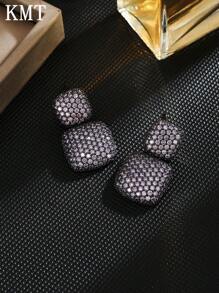 KMT 2pcs Copper Alloy Cubic Zirconia Inlaid Splicing Square High-End Fashion Earrings For Women, Suitable For Party, Daily Wear, And Dating