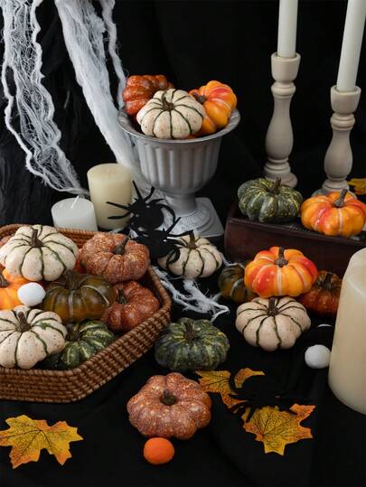 3/7pcs- Artificial Pumpkins Decoration For Fall Home Farmhouse Harvest Thanksgiving Decorative, Fall Harvest Decorations For Home Table Wedding Fall Halloween Thanksgiving Decor,Halloween Party Supplies, Home Autumn Atmosphere Decoration