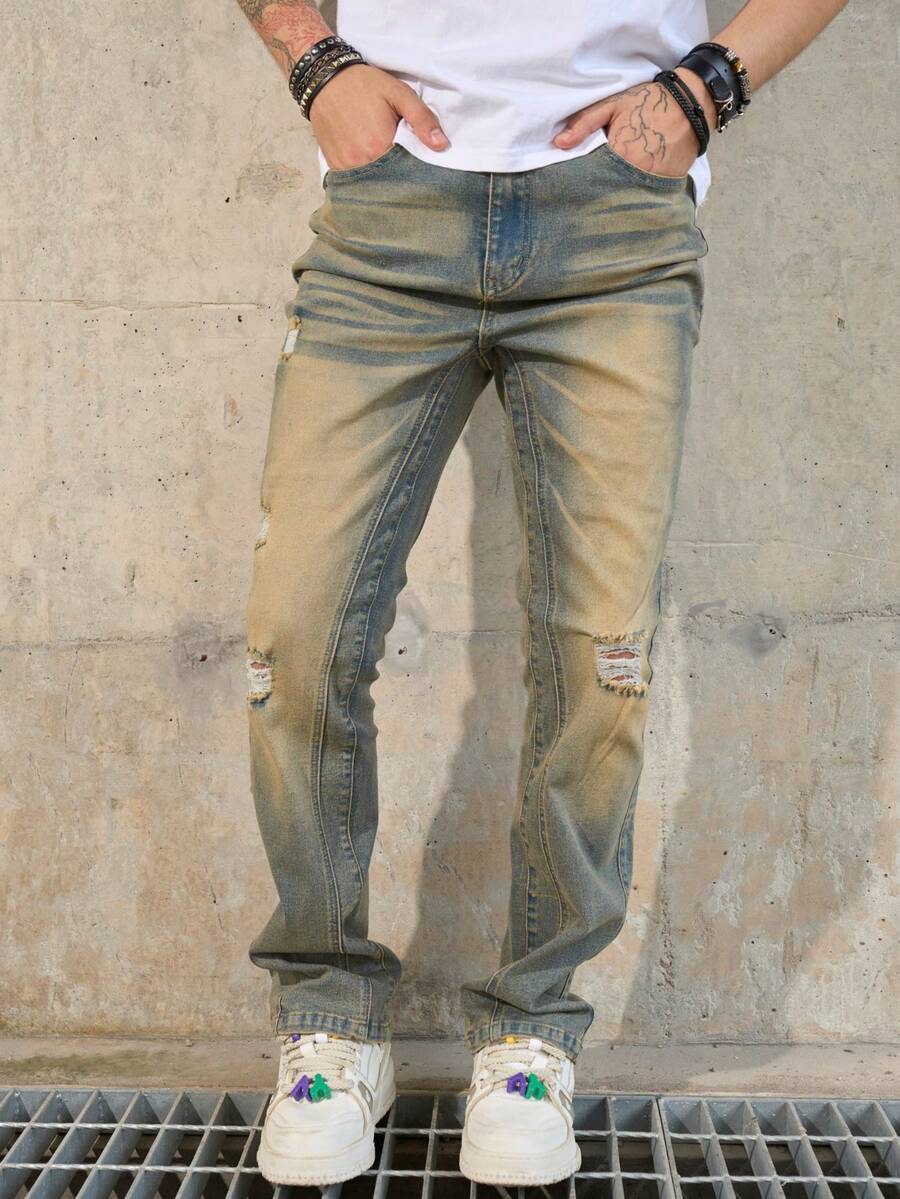 男士复古破洞宽松直筒牛仔裤 - 銅色 - 查看 1