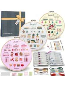 Beginner Embroidery Kit For Adults Kids, Learn To Embroider 37 Stitches And 13 Cute Patterns, Stitches Kit, Bead Embroidery Kit, Beginner Embroidery Practice - 針法練習-C - 查看 1