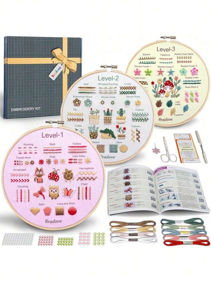 Beginner Embroidery Kit For Adults Kids, Learn To Embroider 37 Stitches And 13 Cute Patterns, Stitches Kit, Bead Embroidery Kit, Beginner Embroidery Practice - 針法練習-C - 查看 1