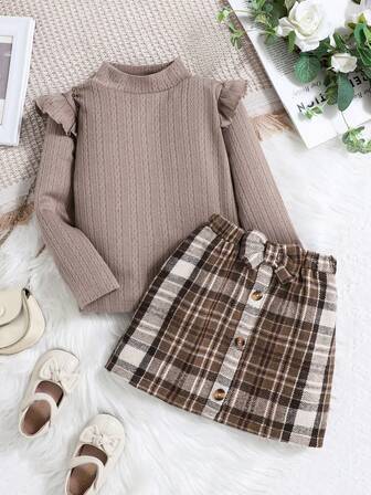 Söt höstoutfit för flickor, långärmad tröja med stående krage och rutig kjol med rosettdekoration