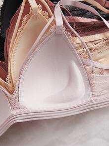 4pcs/Set Women's Sexy French Lace Cross Strap Padded Bra Set, Comfortable Wireless, Adjustable Straps, Triangle Cup Lingerie Set - Multicolor - View 5