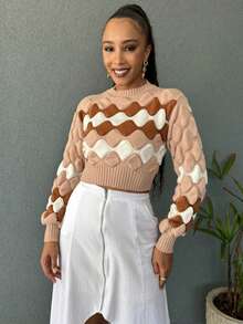 Striped Cropped Top Knitted Modal Office Daily Home Travel - 淺米色與棕色 - 查看 1