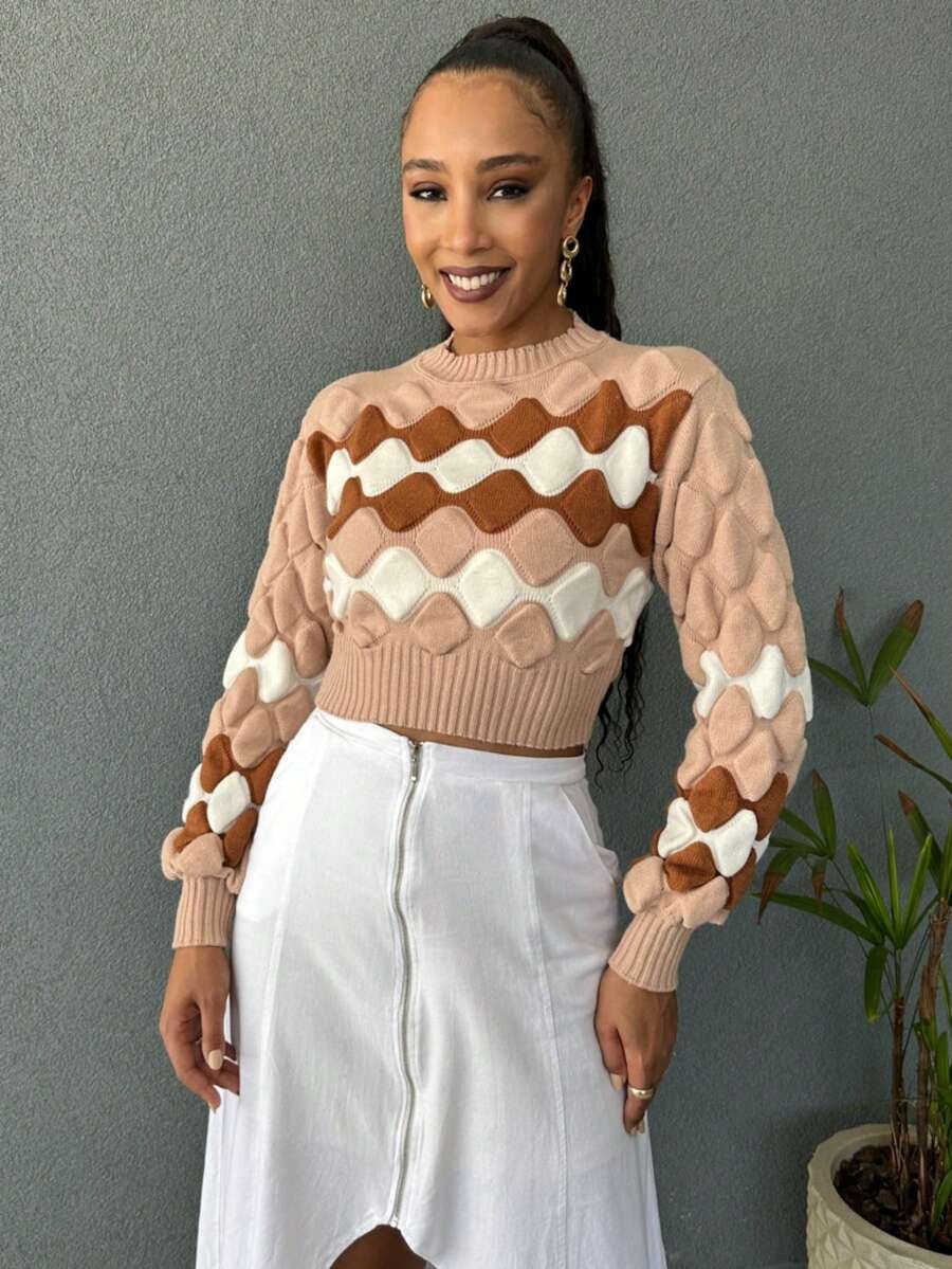 Striped Cropped Top Knitted Modal Office Daily Home Travel - 淺米色與棕色 - 查看 1