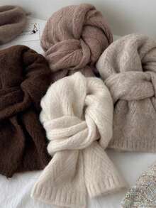 Beige Knitted Scarf For Women, Soft & Warm Knitted Thick Cashmere Neck Warmer, Fashionable Student Style, Suitable For Winter For Dress - Beige - View 3