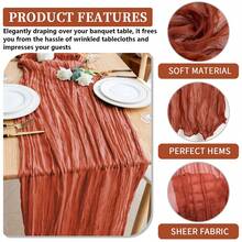 12pcs Soft Cheesecloth Balinese Table Runners, 6 Feet Long Tulle Fabric, Suitable For Bohemian Style Wedding Party, Bridal Shower, Home Decor, Baptism And Christmas Table Decoration. - 橘紅色 - 查看 3