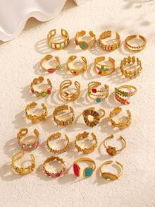 1/3/6/9/12pcs Stainless Steel Minimalist Enamel Geometric Open Ring Set, Suitable For Women's Daily Wear (Random Style Shipped) - Multicolor - View 4