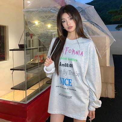 루즈 핏 레터 프린트 긴팔 캐주얼 티셔츠 티셔츠, 미국 디자인