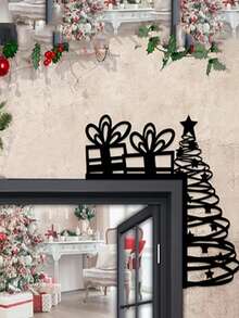 1pc Decorative Metal Christmas Tree And Gift Corner Sculpture, Wall-Mounted Space Theme, Vertical, Thanksgiving And Christmas Decor, Home Office Wall Art Home Decor Christmas Decorations Room Decor - Black - View 2