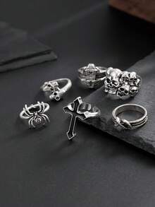 Set 6 buah cincin jari bergaya punk motif tengkorak, laba-laba, dan salib, cocok untuk pemakaian kasual sehari-hari pria. - Antique Silver - View 4