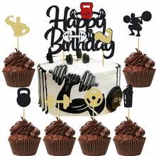 1 件/13 件健美主题生日蛋糕装饰 - 黑色闪光生日快乐蛋糕装饰 - 生日 / 杠铃 / 运动主题派对用品 - 送给男士的最佳礼物 - 彩色 - 查看 16