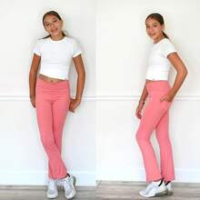 Girls Flare Leggings With Pockets, Crossover High Waist Bell Bottom Yoga Pants For Dance & Everyday Wear - Pink - View 3