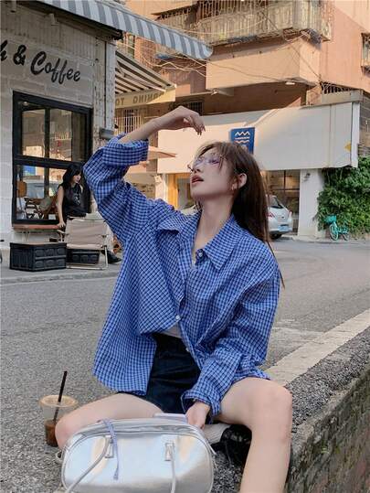 Korean Retro Casual Plaid Long Sleeve Shirt, Spring