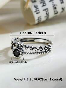 GAGAFEEL 1入組時尚S925純銀黑色方晶鋯石葉子細節可調節圓環