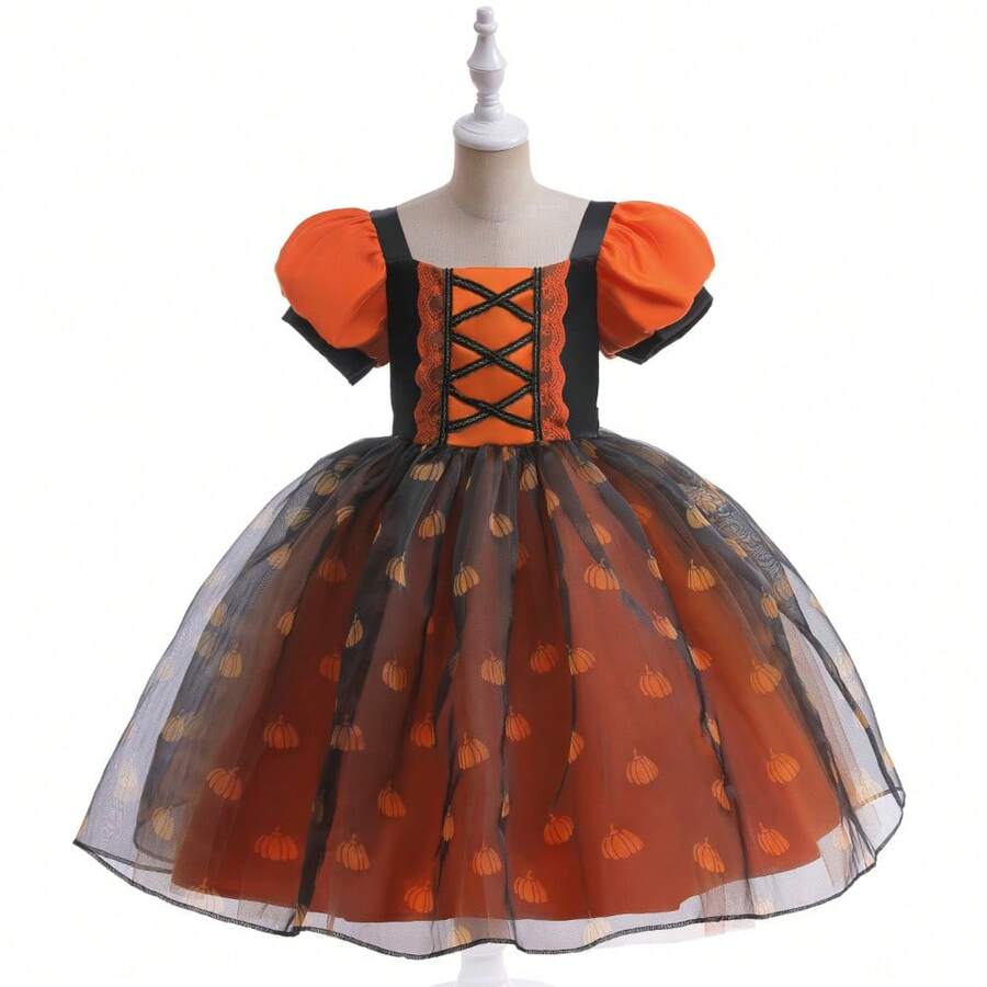 Vestito da strega per bambine con maniche a sbuffo, gonna a palloncino con zucca e tulle, outfit per feste e performance dei bambini per Ognissanti